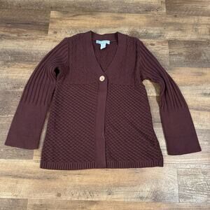 VTG 90s Y2K Brown Waffle Knit Cardigan Sweater V-Neck Button Front Wide Sleeve